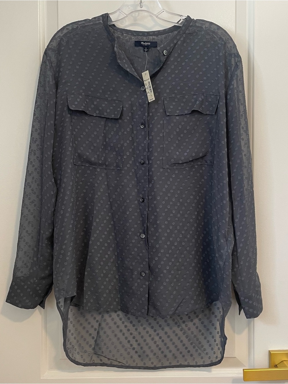 Madewell Gray Textured Polka Dot Blouse NWT Size S Button Front Top